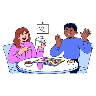 A couple sitting at a small table, engaged in a board game night. The woman has long brown hair and is smiling while pointing at a game rulebook. The man, with short black hair, looks playfully frustrated, raising his hands in mock exasperation. A colorful board game with various pieces is spread out on the table. Nearby, there are snacks in bowls and two drinks in cups. The background features simple decorations, suggesting a cozy atmosphere.