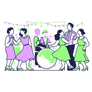 A lively 1940s swing dance party is taking place in a vibrant hall. The scene is filled with couples energetically dancing, showcasing a variety of lively dance moves. Each couple is dressed in period-appropriate attire; women are wearing elegant dresses with flared skirts, while men are in sharp suits with ties. In the background, a live band is playing music, featuring a pianist, a saxophonist, and a drummer. The band members are engaged in their performance, adding to the energetic atmosphere of the party. Twinkling lights and decorative elements are visible in the vicinity, creating a festive ambiance for the event.