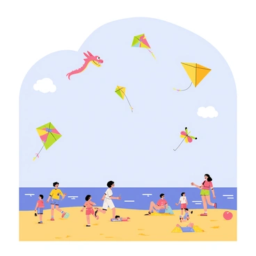 A beach scene during a colorful kite festival. The sky is filled with kites of various shapes and sizes, including a large dragon kite with vibrant colors, a simple diamond-shaped kite in bright yellow, and a whimsical butterfly kite with multicolored wings. Below, the golden sand is dotted with families and children, some running with their own kites, while others are relaxing on beach towels. The ocean glistens nearby, and a few fluffy white clouds can be seen in the blue sky above.