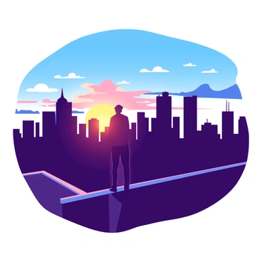 A vibrant city skyline is silhouetted against a stunning sunrise. The sun is just peeking over the horizon, casting a warm glow that transforms the buildings into dark shapes with a soft, illuminated outline. Clear skies are transitioning from deep blue to lighter hues, blending beautifully. In the foreground, there is a figure standing on a rooftop, looking out over the city, symbolizing hope and new beginnings. The figure is dressed casually, conveying a sense of freedom and anticipation for the future.