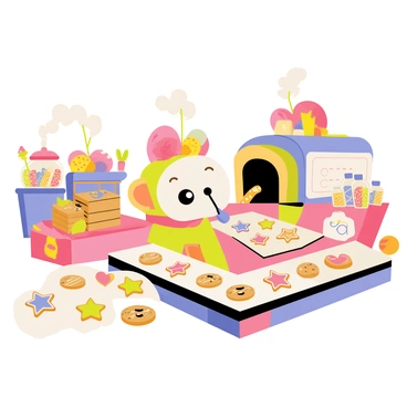 Cuphead is positioned at a colorful workstation within a whimsical cookie factory. His anthropomorphic features are prominent, with a round head and a straw sticking out from the top. Surrounding him are conveyor belts filled with various cookie shapes, including stars, hearts, and animal figures, all in vibrant colors. Some cookies are adorned with icing and sprinkles, while others are plain, waiting to be decorated. In the background, there are large jars filled with colorful candies and a whimsical oven in the shape of a giant cupcake. The atmosphere is lively, with delightful steam rising from the machines, creating a sense of busy energy in the factory.
