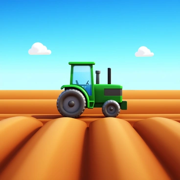 A tractor plowing a vast field under an expansive blue sky