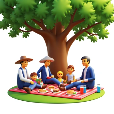 Sam Houston sitting on a picnic blanket with his family under a large, majestic oak tree. The scene features a spread of delicious picnic food, including sandwiches, fruit, and drinks, arranged on the blanket. Sam Houston is wearing period-appropriate clothing, with a wide-brimmed hat resting beside him. His family members are smiling and engaged in conversation, with children playing nearby. The oak tree's leaves provide dappled sunlight, casting gentle shadows on the picnic scene.