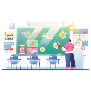 A classroom setting is depicted with several T cells, which are small, round, and glowing blue cells. They are seated at tiny desks made of transparent material, paying attention to a large blackboard at the front of the room. The blackboard displays colorful diagrams of various pathogens, such as bacteria and viruses, labeled with tags. A friendly-looking instructor, who is a larger T cell with distinct markings, stands next to the blackboard pointing with a stick. Around the room, there are educational posters showcasing different immune responses and interactions, with vibrant colors that draw attention. Sunlight streams in through a window, illuminating the room and creating a warm, inviting atmosphere for the lesson.