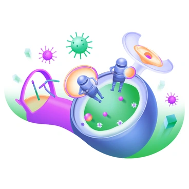 A close-up view of a cell surrounded by a colorful background depicting various pathogens. The cell is illustrated as a large structure with a semi-transparent membrane. Tiny soldier-like figures are depicted emerging from the cell, wearing helmets and holding shields, ready to defend against the invading pathogens. The pathogens are represented as small, menacing shapes with spikes, attempting to breach the cell's defenses. The scene is filled with vibrant colors, showcasing the dynamic interaction between the cell and the invading pathogens.