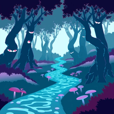 A winding path that snakes through a dense, enchanted forest filled with towering trees and thick foliage. The trees have twisted trunks and sprawling branches, creating a canopy that partially obscures the sky. Glowing eyes peer from the shadows among the underbrush and between the tree trunks, hinting at hidden creatures lurking in the darkness. The ground is covered with a carpet of vibrant, luminescent moss and scattered colorful mushrooms, adding to the mystical atmosphere. Soft light filters through the leaves, casting intricate patterns on the path.
