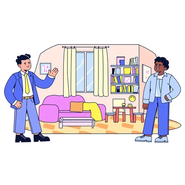 A real estate agent standing in a cozy rental apartment with a warm atmosphere. The agent, dressed in a professional outfit, gestures towards a comfortable living space furnished with a small sofa and a coffee table. A window with light curtains lets in natural light, illuminating the wooden floor. The college student, casually dressed, is looking around with an interested expression. To one side, there is a compact kitchen area with a small table and two chairs, and on the opposite wall, a bookshelf filled with books.