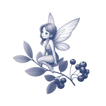 A tiny fairy is seated delicately upon an elderberry leaf. She has intricately detailed wings that catch the light, emphasizing their delicate structure. The elderberry plant is lush, with clusters of small, round berries surrounding her. The berries are depicted with a shiny, glistening texture, contrasting with the smooth surface of the leaf. The fairy's expression is one of tranquility, and her hair flows gently around her shoulders, blending softly with her natural surroundings.