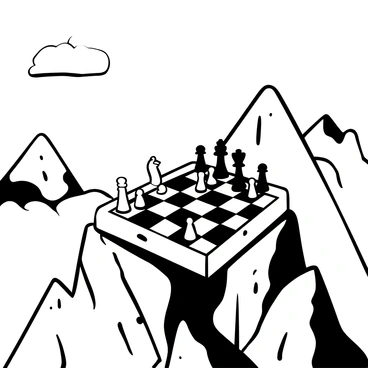 A chessboard set up on a mountain peak, featuring meticulously arranged black and white chess pieces. The board is positioned on a rugged rock surface, with the mountain's rocky textures visible underneath. Below, a thick layer of clouds rolls gently, partially obscuring the valley beneath the peak. The surrounding landscape includes sharp peaks and distant hills, enhancing the dramatic elevation of the chessboard. The atmosphere conveys a sense of isolation and height.