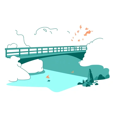 A misty morning with a bridge emerging from the fog, highlighted by fiery embers