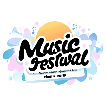 An event page showcases a colorful, illustrative poster for a music festival. The poster features a vibrant sunset in gradient pastel colors, with musical notes swirling around it. Silhouettes of various musical instruments, such as guitars, drums, and trumpets, are placed around the edges. In the center, a large banner reads "Music Festival" in bold, playful letters. Colorful abstract shapes and patterns fill the background, creating a lively atmosphere. Below the banner, there are details like dates and locations in smaller text, surrounded by decorative motifs of flowers and stars.