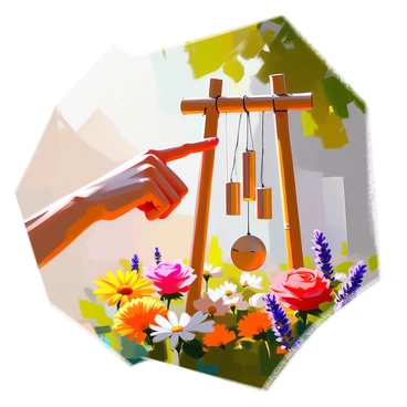 A pair of delicate fingers extending towards a set of wind chimes, gently swaying in the breeze. The wind chimes are made of bamboo and metal, casting soft shadows in the warm sunlight. Surrounding the chimes is a lush garden filled with vibrant flowers, including bright red roses, yellow daisies, and purple lavender. A green leafy backdrop frames the scene, creating a tranquil atmosphere. The fingers are slightly bent, creating a sense of motion as they interact with the chimes, producing a gentle tinkling sound.