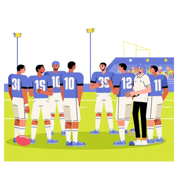 A football team is gathered in a huddle on a vibrant green field. The players are wearing matching blue and white uniforms with their helmets tucked under their arms. Their faces reflect determination as they listen intently to the team captain, who is gesturing with his hands to illustrate the strategy for the next play. Surrounding them are bright stadium lights illuminating the scene, and a cheering crowd is visible in the background. The grass is freshly cut, and a football lays on the ground nearby.