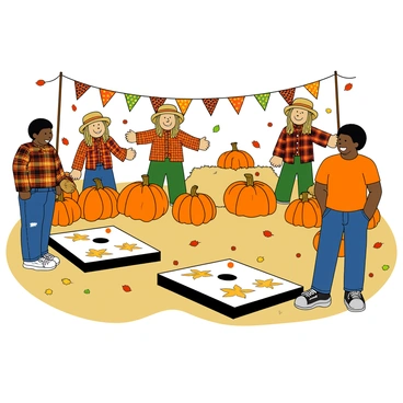 A lively cornhole competition taking place at a harvest festival. Two players, one wearing a flannel shirt and jeans, and the other in a bright orange t-shirt, are standing in front of cornhole boards. The boards are decorated with colorful autumn designs. Surrounding the area are several large, round pumpkins in various sizes, some with faces carved into them. In the background, several cheerful scarecrows, dressed in plaid shirts and straw hats, are standing among hay bales. Colorful banners and autumn leaves are scattered throughout the scene, contributing to the festive atmosphere.
