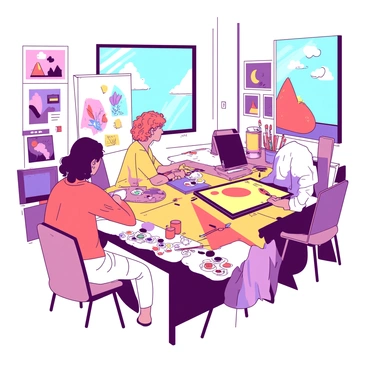 A bright shared workspace filled with several illustrators engaged in their craft. One illustrator, with short dark hair, is seated at a large wooden table, working on a digital tablet, which displays a vibrant illustration. Nearby, another illustrator with curly red hair is using traditional brushes and paints on a large canvas, surrounded by tubes of paint scattered on the table. The walls of the workspace are adorned with various artworks showcasing both traditional and digital techniques, creating a colorful atmosphere. Sunlight streams through large windows, illuminating the creative environment.