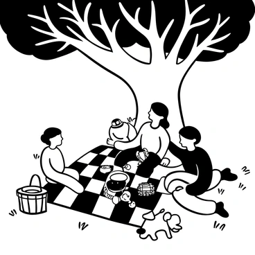 A family sitting on a checkered picnic blanket spread out on the grass beneath a sprawling oak tree. There is a picnic basket open with various food items like sandwiches, fruits, and drinks visible. Some family members are engaging in a game of frisbee nearby, while others are enjoying snacks. Sunlight filters through the branches of the oak tree, casting playful shadows on the ground. A small dog is joyfully running around, adding to the lively atmosphere.