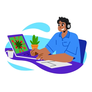 A tech support technician wearing a blue polo shirt is seated at a modern desk, intently working on a laptop. The technician has short black hair and is using a pair of black headphones. On the laptop screen, a large, colorful graphic of a virus appears, featuring bright red and green elements with sharp edges. The workspace is well-lit, with small potted plants and a coffee mug on the desk, creating a lively atmosphere. The technician's focused expression conveys concentration as they troubleshoot the issue.
