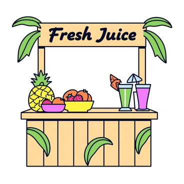 A tropical juice stand made of wooden planks, decorated with vibrant green leaves. Bright fruits such as yellow pineapples, red strawberries, and orange oranges are arranged in baskets on the counter. Colorful drinks are presented in clear glasses, with shades of pink, orange, and green, and each drink is garnished with a slice of fruit or a small paper umbrella. The stand has a hand-painted sign that reads "Fresh Juice" in lively lettering.