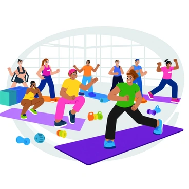 A vibrant fitness circuit class filled with diverse participants energetically rotating through various exercises. One participant is performing hip thrusts on a purple mat, showcasing their strength and determination. Others are engaged in different activities, such as jumping jacks and kettlebell swings. The class is set in a brightly lit gym with large windows, allowing sunlight to fill the space. Colorful exercise equipment, like dumbbells and resistance bands, is scattered around, adding to the dynamic atmosphere. Each participant wears colorful workout attire that reflects their enthusiasm and energy.