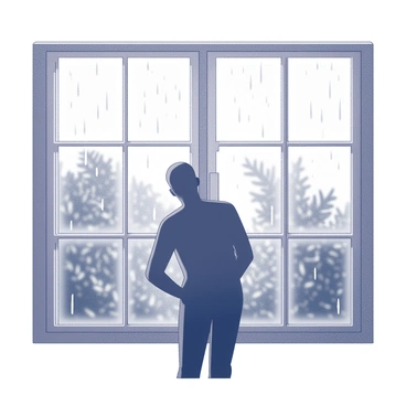 A silhouetted figure of a person standing at a window. The person is positioned centrally, gazing outside. The window has several panes, creating a grid. Raindrops are visible on the glass, some sliding down in streaks. Outside the window, the scene suggests a blurred view of rain-soaked greenery, with the atmosphere indicating a soft, muted light. The person's outline is contrasted against the lighter background of the window, and the shape of their stance implies contemplation.