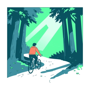 A lone cyclist rides along a winding path that cuts through a dense, misty forest. The cyclist, dressed in a bright orange jacket, pedals steadily, with the handlebars turned slightly as they navigate the trail. Tall trees with thick trunks and lush green foliage loom on either side, their leaves partially obscured by the creeping mist. The ground is covered in a mix of damp soil and scattered fallen leaves, while beams of soft light filter through the branches above, creating a serene atmosphere.