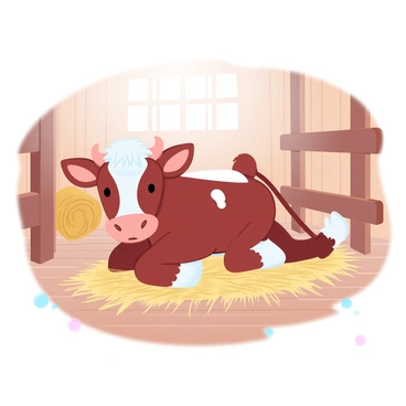 A two-headed calf is lying on a bed of straw in a sunlit spot within a barn. The calf has a brown and white coat with soft, fluffy fur. Sunlight filters through the barn's wooden slats, creating a warm, inviting atmosphere. Surrounding the calf are wooden beams and hay bales, adding to the rustic charm of the scene. Light and shadows play across the floor, enhancing the tranquil environment.
