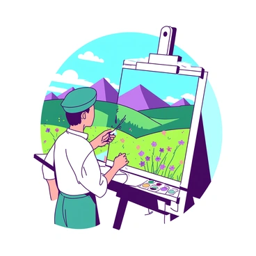 An artist with a teal beret is standing in front of a white easel, painting a vibrant landscape. The easel holds a canvas that features rolling hills and a bright blue sky. The meadow is filled with various wildflowers in shades of yellow and purple, gently swaying in the breeze. In the background, there are majestic mountains partially hidden by fluffy white clouds. The artist is focused on his work, with a palette in one hand and a brush in the other, capturing the beauty of nature.