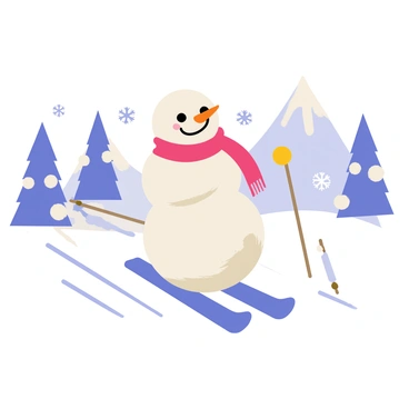 A 3D cartoon snowman with a round body made of three large snowballs is skiing down a snowy mountain. The snowman has a carrot nose and is wearing a bright red scarf flapping in the wind. Its eyes are made of black coal and it has a big smile on its face, showing joy as it navigates the slope. Surrounding the snowman are glistening snowflakes falling gently from the sky, and pine trees covered in fresh snow line the mountain. The ski tracks behind the snowman create a playful pattern on the pristine white snow.