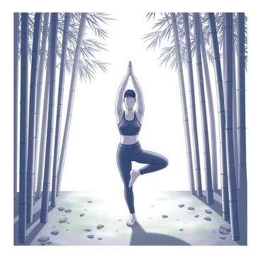 A yoga practitioner is positioned in a balanced pose, demonstrating focus and strength. The individual is dressed in fitted athletic wear that corresponds with the yoga practice. Surrounding the practitioner is a dense bamboo forest, with tall, slender bamboo stalks reaching upwards, creating a natural enclosure. Sunlight filters through the leaves, casting intricate shadows on the forest floor. The ground is covered with soft, green moss and scattered leaves, enhancing the tranquil atmosphere of the scene.