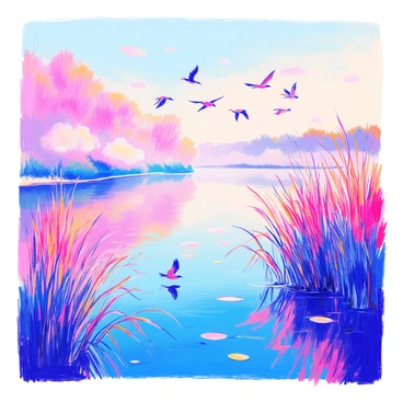 A misty morning in the wetlands features a calm body of water reflecting the pale light of dawn. Wisps of fog hover just above the surface, creating an ethereal atmosphere. In the foreground, tall grasses sway gently in the breeze. Fluffy clouds of mist drift between clusters of reeds along the shoreline. A group of birds, with varying sizes and colors, take flight over the water, their wings outstretched as they rise into the air. The scene captures the tranquility of nature in the early hours of the day.