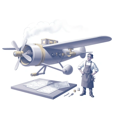 A steampunk inventor stands proudly next to a large, intricate flying machine that is powered by steam. The inventor is wearing vintage goggles and a leather apron, with various tools hanging from his belt. The flying machine features brass gears, large propellers, and a series of pipes emitting wisps of steam. Surrounding the machine are sketches and blueprints scattered on a workbench, illustrating the design process. The scene captures the detailed mechanics of the invention, highlighting the blend of creativity and engineering in the steampunk aesthetic.