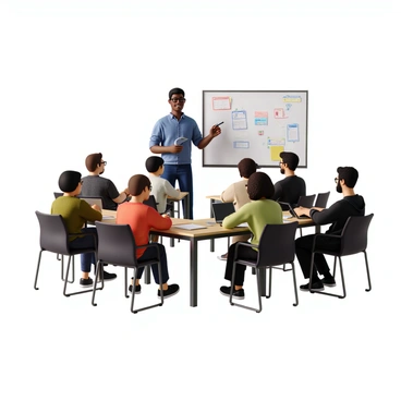 A trainer with short black hair, wearing a blue button-up shirt and glasses, stands at the front of a well-lit room. The trainer holds a whiteboard marker and is pointing to a diagram on a whiteboard filled with colorful notes and sketches. Around the trainer, several participants are seated at tables, actively engaged in learning. Each participant has different characteristics: one with curly hair and a red sweater taking notes, another with glasses and a green blouse typing on a laptop, and a third with a short beard and a black hoodie discussing with a neighbor. Materials such as notebooks, pens, and laptops are scattered across the tables, indicating a collaborative and interactive atmosphere.