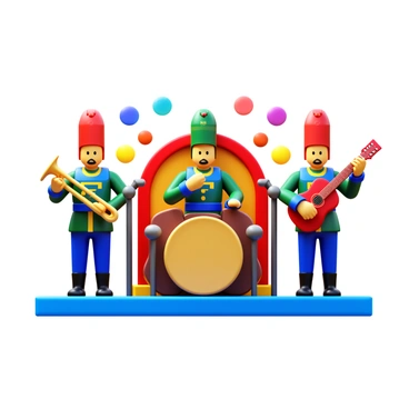 A band of toy soldiers standing in formation, each holding a different musical instrument. The soldiers are dressed in colorful, traditional military uniforms with bright red, blue, and green accents. One soldier is playing a trumpet, another is using a drum, while a third soldier strums a guitar. There are small microphones in front of them, and the background features a toy stage with colorful lights and decorations. Some musical notes are visually represented in the air, indicating the music being played.