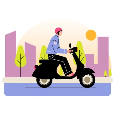 A moped rider wearing a bright red helmet is cruising down a city street. The rider is dressed in a light blue jacket and dark jeans. The moped is a sleek black model with chrome accents. The sun is rising in the background, casting warm orange and pink hues across the sky. Silhouettes of tall buildings line the street, and a few trees with green leaves are scattered along the sidewalk. Soft light reflects off the moped as the rider smiles, relishing the fresh morning air.