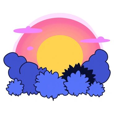 Silhouettes of various bushes with different heights and shapes are positioned in the foreground. The bushes display intricate outlines, with some having rounded tops while others have spiky edges. In the background, a glowing sunset sky transitions from deep orange to soft pink, with wispy clouds catching the light. The color gradient of the sky creates a vibrant backdrop that contrasts with the dark silhouettes of the bushes.