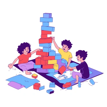 A group of children is gathered around in a bright preschool play area, focused on building tall towers with colorful blocks. Some blocks are red, while others are blue, creating a vibrant scene filled with energy. One child is carefully balancing a yellow block on top of a blue one, while another child is reaching for a purple block from a nearby pile. The play area is filled with soft mats, and there are various toys scattered around, enhancing the lively atmosphere of play and creativity.