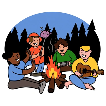 A group of four boys with diverse skin tones are gathered around a bright orange campfire at night. They are smiling and laughing, enjoying their time together. One boy with short black hair is wearing a blue t-shirt and is holding a long stick with a pig roasting over the fire. Another boy with curly brown hair is wearing a red hat and is poking the fire with a stick. A boy with blond hair is sitting on a log, wearing a green shirt, and is holding a plate while eagerly watching the pig. The last boy with light skin is wearing a yellow shirt, sitting cross-legged on the ground, and is playing a guitar, contributing to the festive atmosphere. The background features trees silhouetted against the night sky.