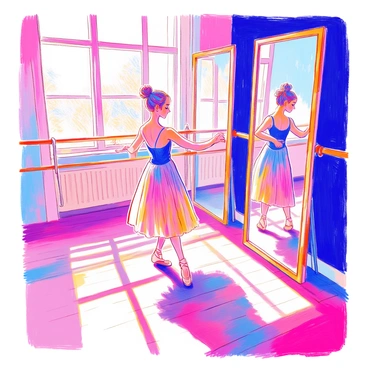 A ballet dancer is practicing in a bright, sunlit studio. She is wearing a classic ballet outfit, including a fitted leotard and a flowing skirt. Her hair is neatly tied up in a bun. Surrounding her are large mirrors reflecting her movements. The studio has wooden floors, and soft sunlight streams in through tall windows, illuminating the space. In the background, there are barre fixtures along the mirrors.