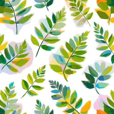 An artistic repeating pattern featuring various fern leaves of different shapes and sizes. The ferns include both intricate and broad leaf types, showcasing their unique textures and detailed vein structures. The background is filled with vibrant colors, blending hues of bright greens, blues, and yellows that enhance the natural beauty of the ferns. The leaves are arranged in a seamless pattern, creating a harmonious flow that captures the essence of a lush forest.