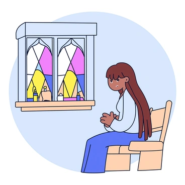 A woman with long brown hair is sitting quietly in a wooden church pew. She is wearing a simple light blue dress. Her hands are clasped together in her lap, and her head is slightly bowed as she reflects deeply. The church interior features stained glass windows, casting colorful light on the stone walls. A small candle burns on the windowsill beside her, providing a soft glow. A sense of serenity envelops the scene.