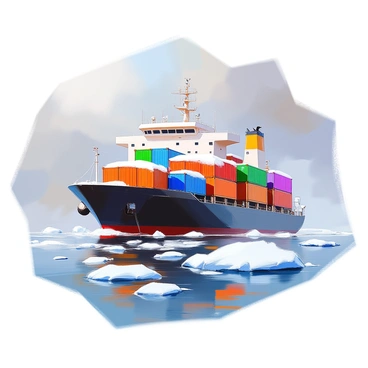 A large cargo ship is navigating through icy waters. The ship has a sturdy hull, painted in dark colors, and is equipped with a variety of snow-covered containers on its deck. The containers are stacked neatly, some in vibrant colors like red, blue, and green, while others are covered in a layer of frost. The icy water is dotted with floating icebergs, and the sky above is overcast with gray clouds. The scene conveys a sense of the ship's resilience as it moves through the challenging Arctic environment.
