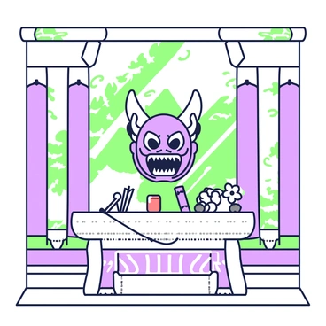 A "hannya mask" is placed reverently on a stone pedestal inside an "ancient temple." The mask is intricately detailed, showcasing its traditional features with sharp horns and a fierce expression. Surrounding the mask, there are delicate offerings such as "small white flowers" and "incense sticks" arranged neatly. The temple walls are adorned with "fading murals" depicting scenes of nature and mythology. Shafts of light filter through gaps in the temple structure, casting gentle shadows on the floor, emphasizing the mask's presence in this sacred space.