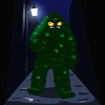 A towering creature with a grotesque form stands in a dark alley. Its body is covered in numerous eyes of various sizes, some fully open while others are closed. The creature's skin has a rough texture, blending shades of dark green and black. Shadows loom around it, highlighting its menacing silhouette against the dim light of a flickering street lamp. The alley features brick walls that are slightly damp, with puddles reflecting the faint light, creating an eerie atmosphere.