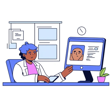 A doctor is sitting at a desk with a computer displaying facial analysis software on the screen. The software shows a close-up image of a patient's nose, highlighted for examination. The doctor, wearing a white lab coat, is focusing intently on the screen while using a tablet to input data. The room is organized with medical charts and a small plant on the desk. There is a large window in the background, allowing natural light to illuminate the scene.