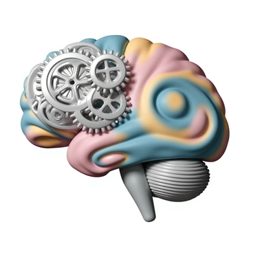 A brain with mechanical gears on one side and artistic swirls on the other