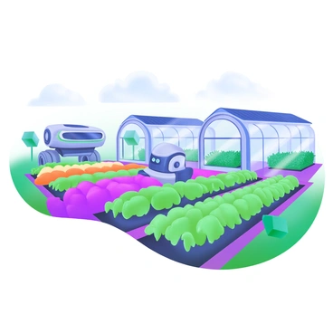 A modern pastel illustration depicting a futuristic farm with neatly organized rows of genetically engineered crops. The crops display vibrant colors, such as bright green and deep purple, showcasing their modified traits. In the background, there are sleek, glass-walled greenhouses filled with advanced technology and solar panels on the roofs. A robotic system moves between the rows, tending to the plants. The sky is a soft pastel blue with wispy clouds, adding a serene atmosphere to the scene.