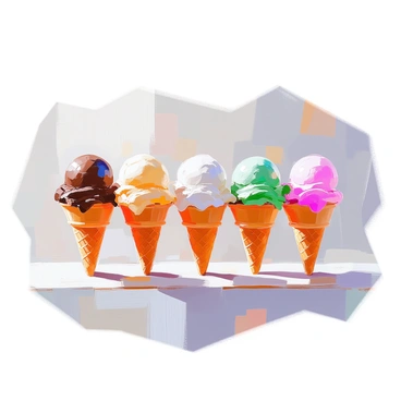 A collection of ice cream cones arranged neatly in a row, each cone topped with a different scoop of ice cream representing various flavors. The cones include chocolate, vanilla, strawberry, mint, and cookie dough. Each scoop of ice cream is depicted in a vibrant color, showcasing the distinctiveness of each flavor. The cones are placed on a clean, white surface, enhancing the visual contrast of the colorful ice cream. The scene visually illustrates the concept of equivalent ratios as each flavor is represented in a balanced arrangement, making it clear how the scoops relate to one another in size and proportion.