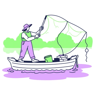 A fisherman is standing on the deck of a small barge, facing the river. He is wearing a wide-brimmed hat and a light vest over a long-sleeve shirt. The fisherman is in the act of casting a net into the water, with his arms extended and the net unfurling gracefully. The river is flowing gently, with ripples forming where the net touches the surface. The barge shows wooden planks and has fishing supplies scattered around, including a bucket and a coil of rope. In the background, there are trees lining the riverbank, reflecting in the water.