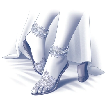 A pair of feet of a modern Indian bride decorated with intricate "henna" designs that showcase floral and paisley patterns. The feet are adorned with beautiful "anklets" that feature delicate charms and embellishments, sparkling with detail. The bride is in the process of slipping her feet into elegant "shoes" that have a sleek design and are embellished with sequins and beads. The setting includes a soft surface that hints at a traditional ambiance, enhancing the focus on the bride's feet and accessories.
