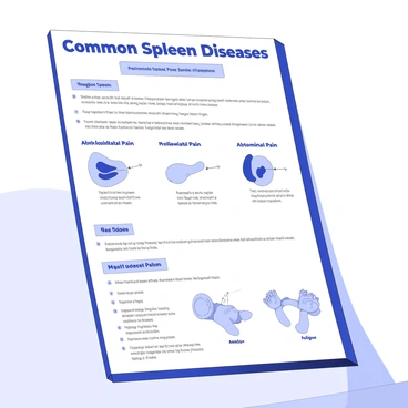 An educational poster is displayed on a wall, detailing common spleen diseases. The poster prominently features the title "Common Spleen Diseases" at the top. Below it, there are several sections, each labeled with the name of a specific disease. Each section includes clear illustrations depicting symptoms, such as an enlarged spleen, abdominal pain, or fatigue. There are arrows pointing to areas of interest in the illustrations, helping to highlight key points. The layout is organized with bullet points summarizing information about each disease, accompanied by succinct descriptions.